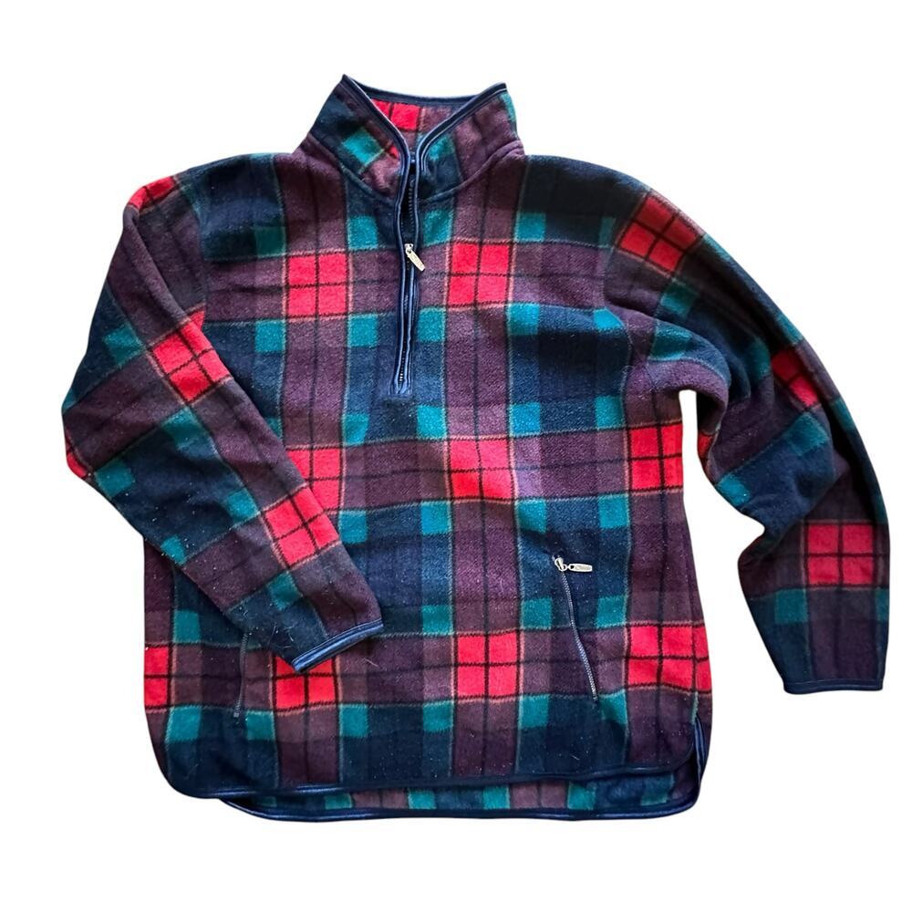 Vintage 1990s Catalina Fleece Quarter Zip Lindsay Plaid Xmas Sweater Size M